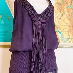 Sheer Plumb Halter Dress with Fringe Detail